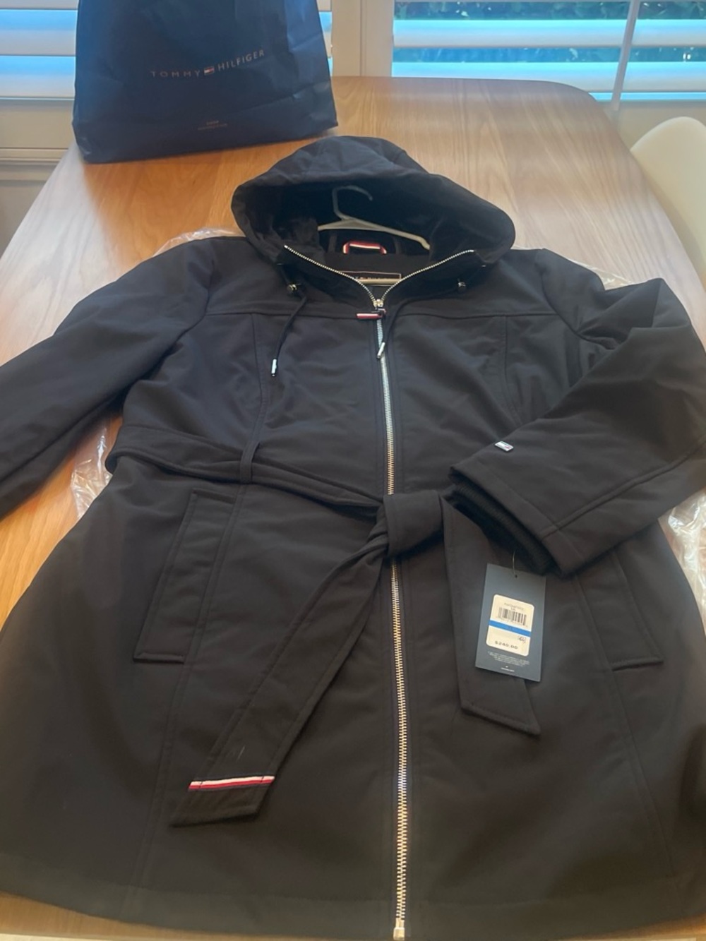 Tommy Hilfiger Black Hooded Belted Trench Coat